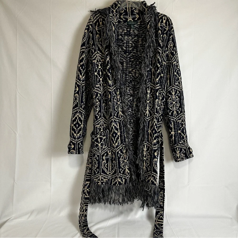 Ralph Lauren Women's Jacquard Nautical Blue Fringe Cardigan/Jacket- Size Large - Picture 9 of 13